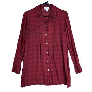 J Jill Womens Shirt Red Button Down Plaid Houndstooth Tunic Slit Stretch S
